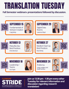 Flyer with QR codes and panelists names and profile pictures for upcoming webinars